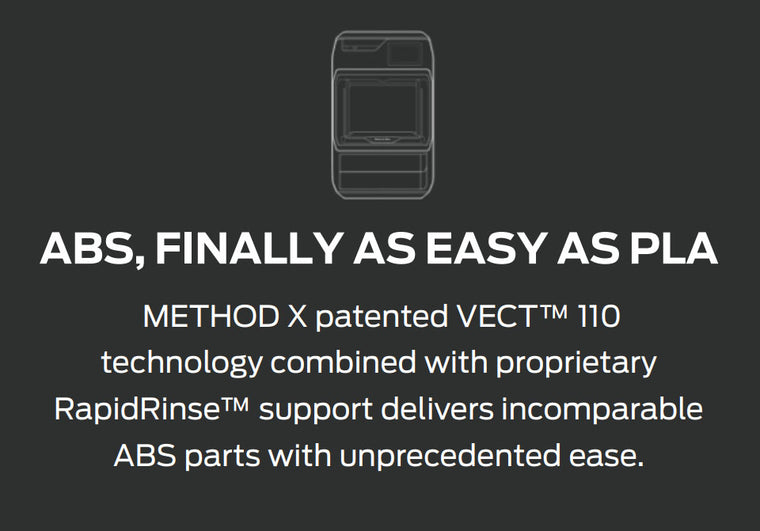 ABS, FINALLY AS EASY AS PLA  With our proprietary RapidRinse™ support achieve incomparable ABS parts with unprecedented ease.
