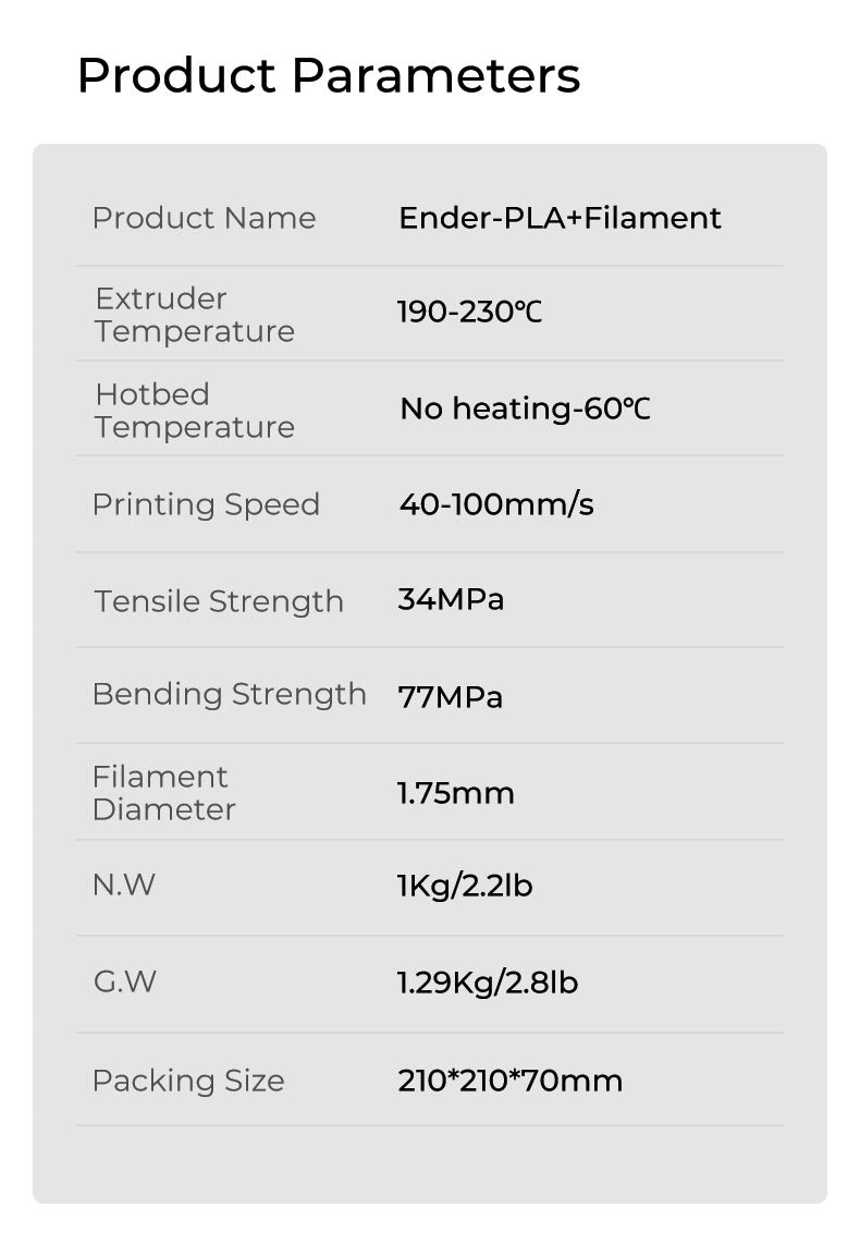 Creality Ender PLA+ Technical-Specifications
