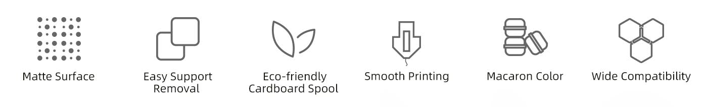 Creaity CR-PLA Matte Filament Key Features inclue matte surface, easy support removal, eco-freindly, smooth printing and wide compatbility