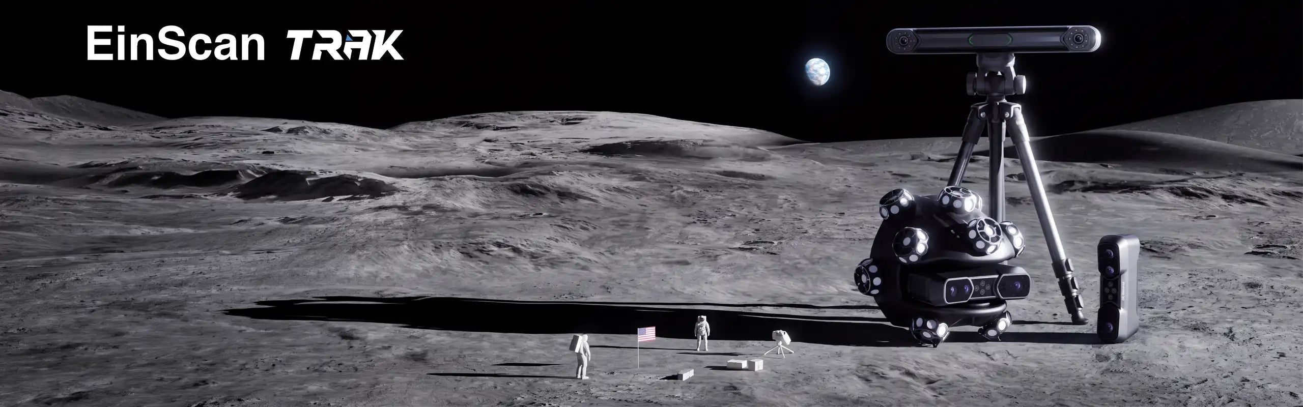 A monochrome product presentation of the EinScan TRAK system on a simulated lunar surface. The system includes a ground-penetrating radar unit on a tripod, a cylindrical scanner head, and a small robotic rover, all set against a dark, starry space background with the moon visible.
