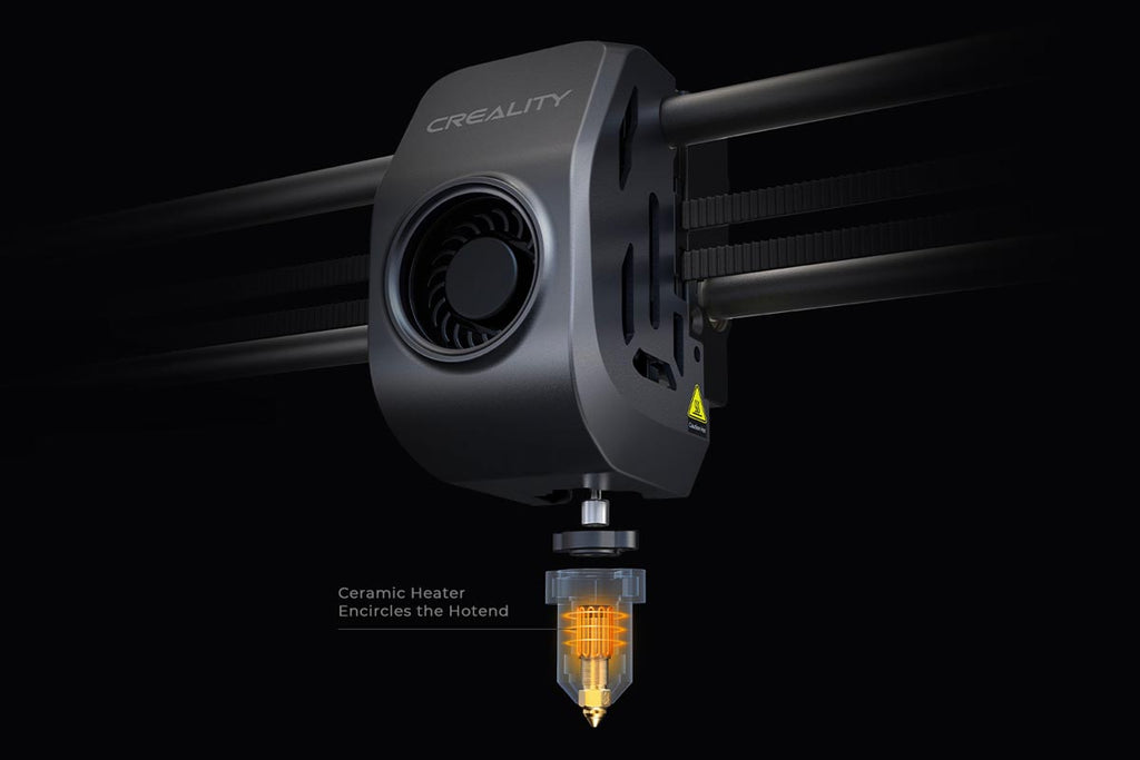 The high flow ceramic hotend of the K1 MAx can reach 300 degrees at 32mm³/s