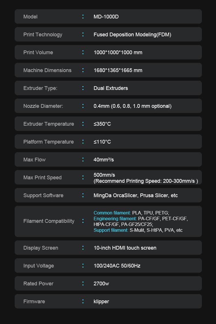 mingda md-1000d specification best large format 3d printer
