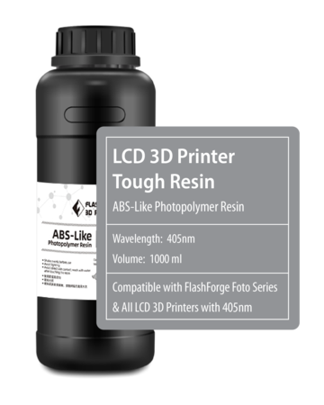 Flashforge LCD ABS-like Photopolymer Resin . Good mechanical strength & rigid-tough balance, low shrinkage. Low odor, use with more safety. Easy for cleaning and painting, good long-term storage stability. Compatible with most LCD 3D printers. Widely used