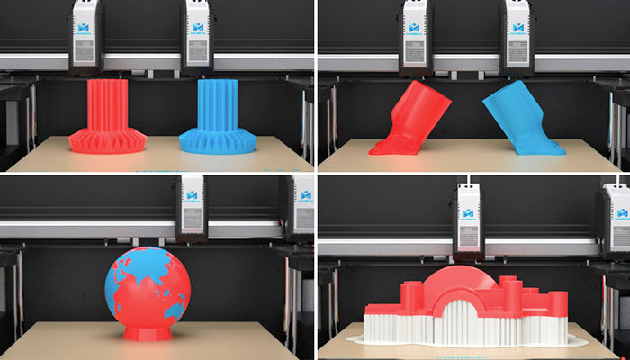 Versitle 3d printing options for idex, duplicate mode, mirror mode, dual-material mode and support mode.