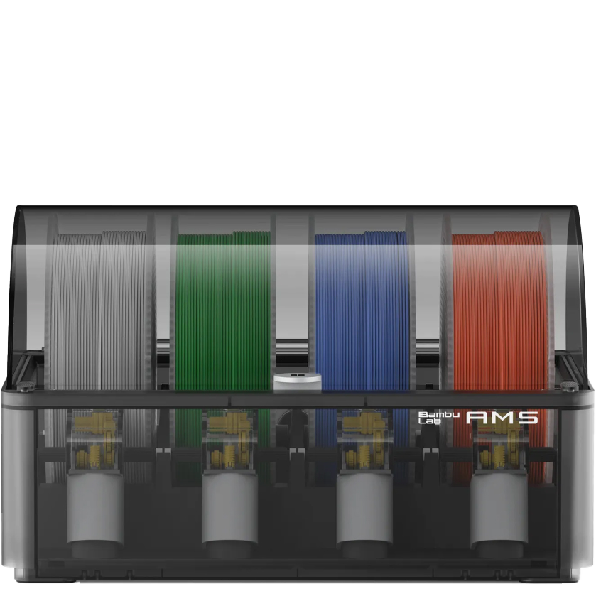 Bambu Lab AMS 3D printing filament organizer with various colored spools on a white background