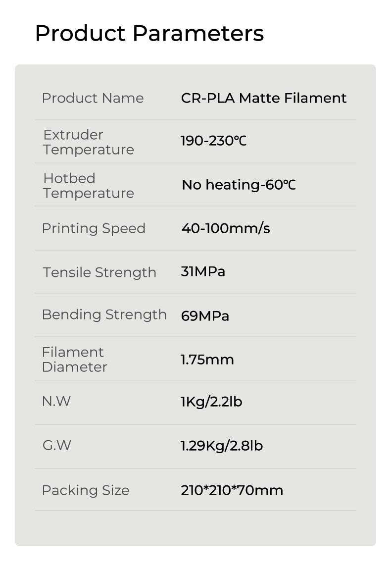 Creality CR-PLA Matte Filament Specifications