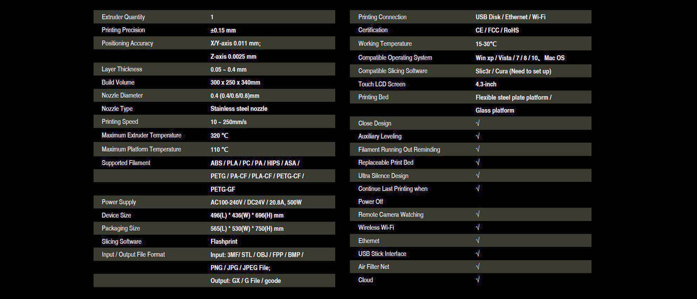 Flashforge Guider 3 Specifications