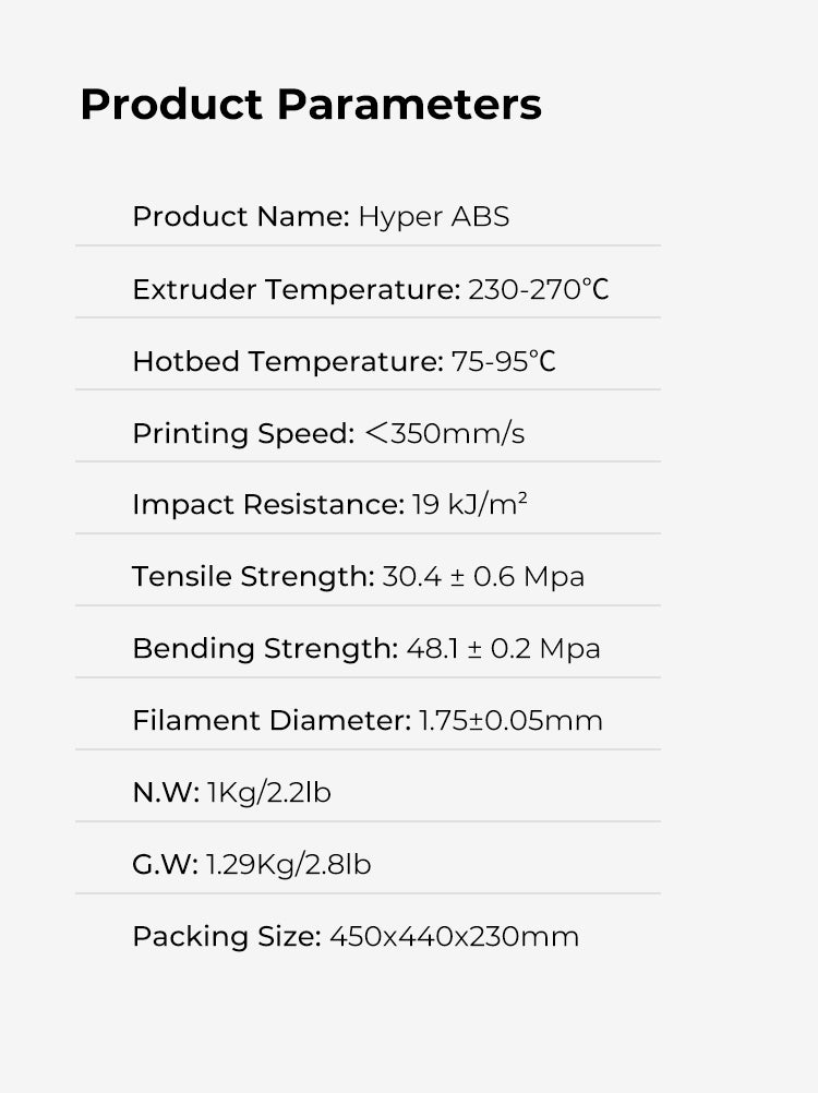 Hyper ABS high speed ABS filament specifications