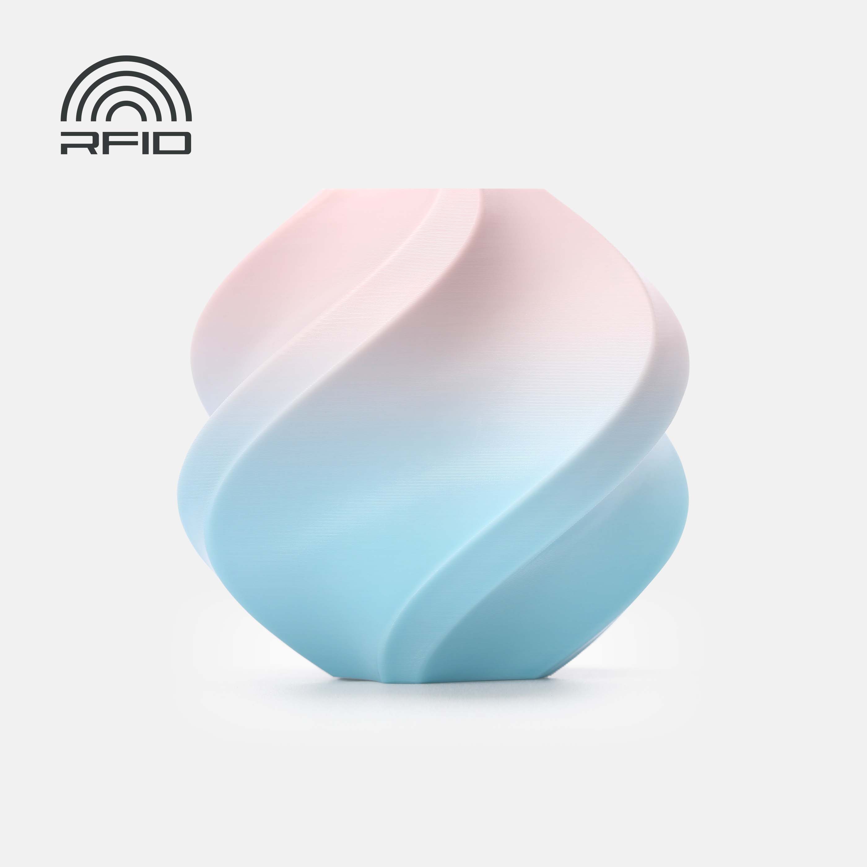 Gradient pink to blue filament with 'RFID' logo on a white background