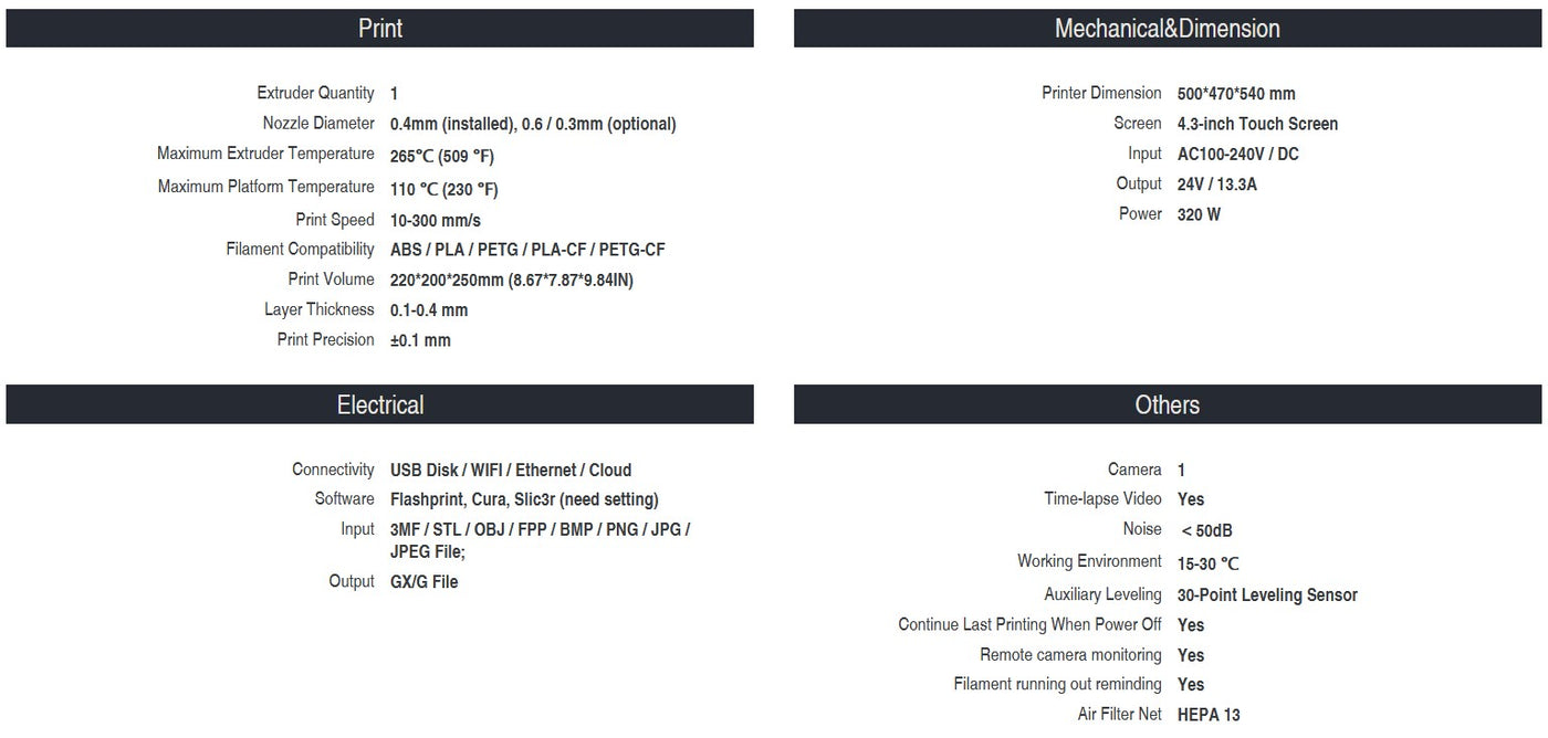 Adventurer 4 Pro Specifications
