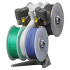 Bambu Lab AMS Lite Spool holder with multiple spools of thread in green, white, and blue on a white background