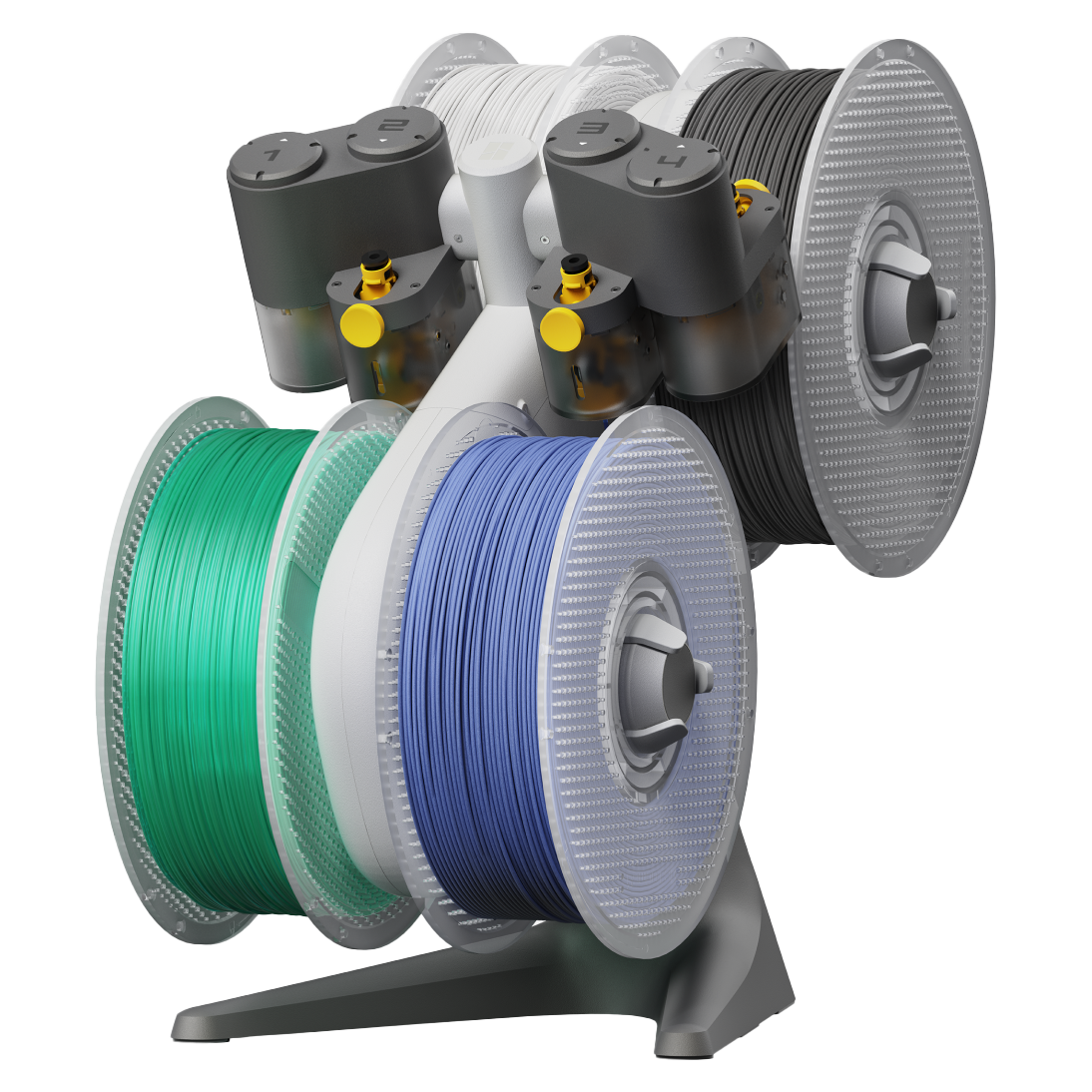 Bambu Lab AMS Lite Spool holder with multiple spools of thread in green, white, and blue on a white background