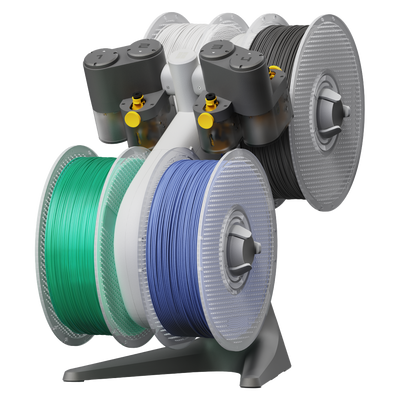 Bambu Lab AMS Lite Spool holder with multiple spools of thread in green, white, and blue on a white background
