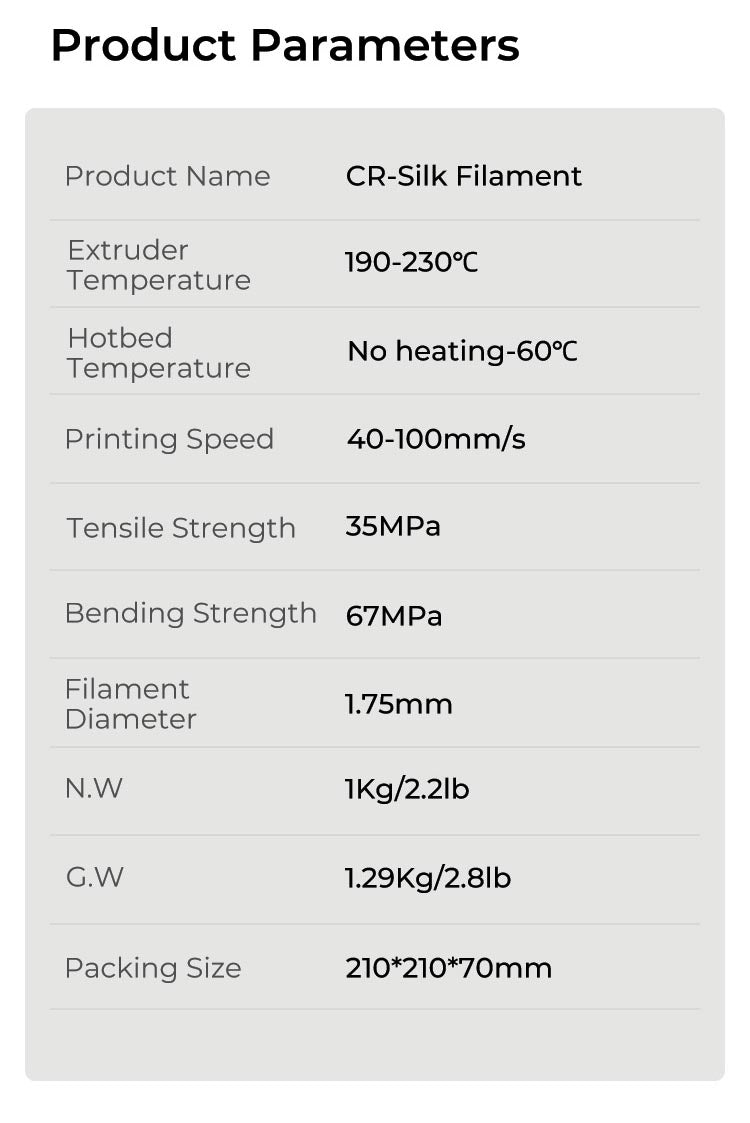 Creality CR_Silk PLA filament Specifications