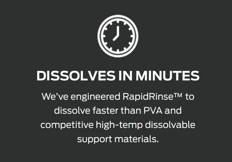  DISSOLVES IN MINUTES*  You don’t have time to wait around while your print dissolves, so we’ve engineered RapidRinse™ to dissolve faster than PVA and competitive high-temp dissolvable support materials.
