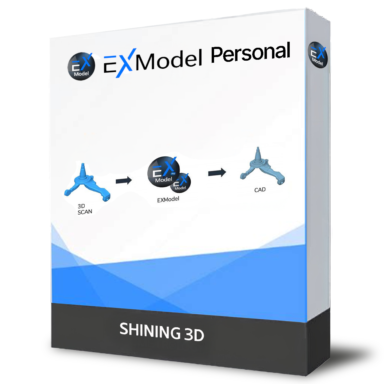 A software product box for EXModel Personal, featuring a white and blue design with a dark gray base. The front displays a 3D scan, the EXModel logo, and a CAD output, with the text 'SHINING 3D' at the bottom.