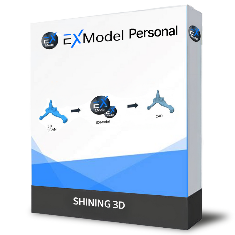A software product box for EXModel Personal, featuring a white and blue design with a dark gray base. The front displays a 3D scan, the EXModel logo, and a CAD output, with the text 'SHINING 3D' at the bottom.