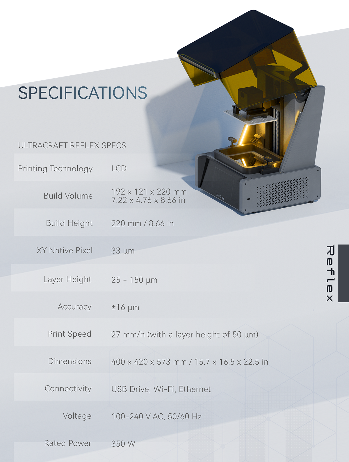 HeyGears UltraCraft Reflex MSLA resin 3d printer specifications