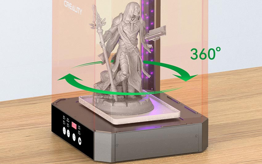 18 enhanced array 405nm UV LEDs genrerate an intensity of light of over 20000 uW/cm² evenly as the turntable rotates the model providing an evenly solidified model. 