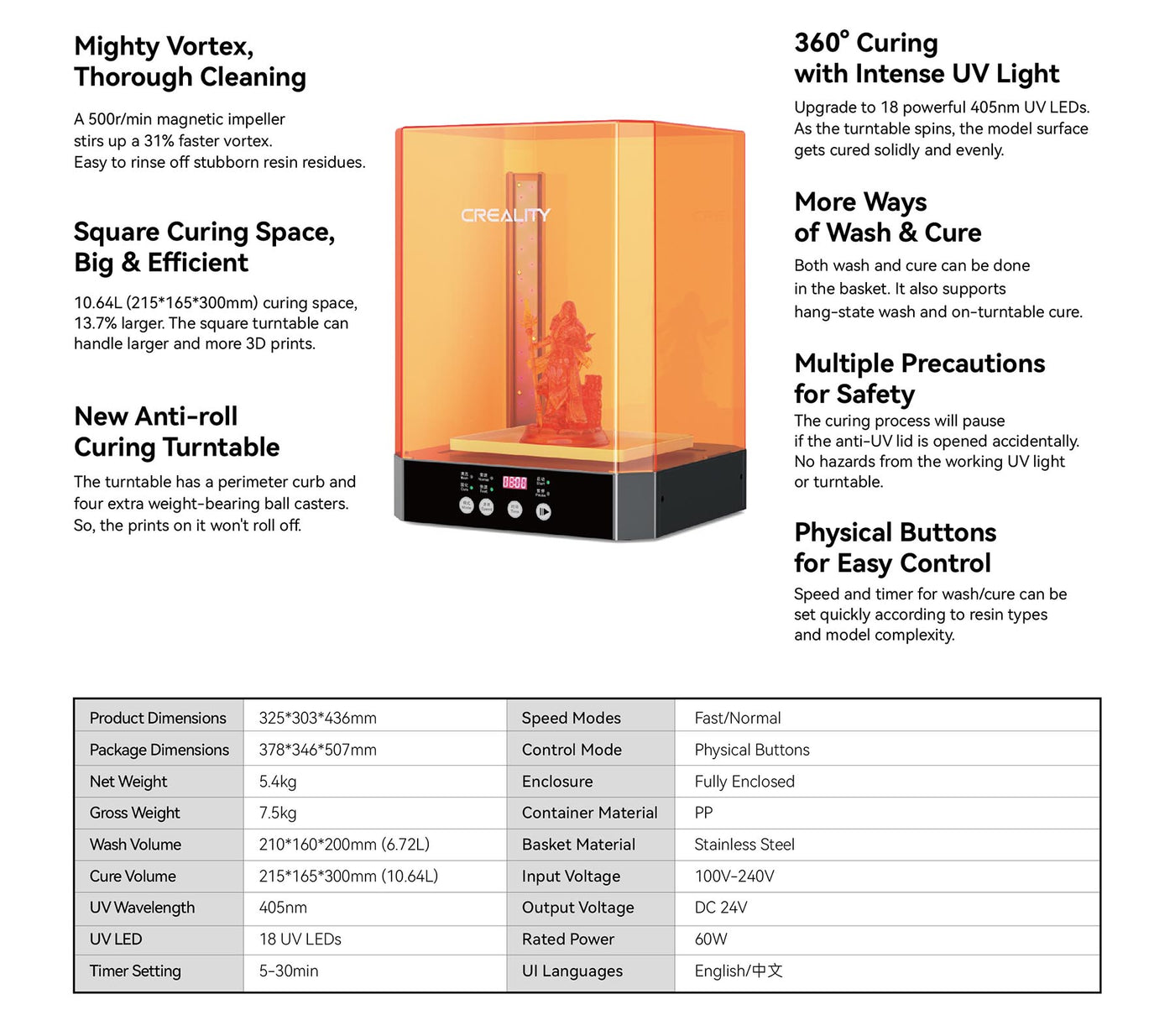 Creality UW-03 Washing & Curing Machine Specifications