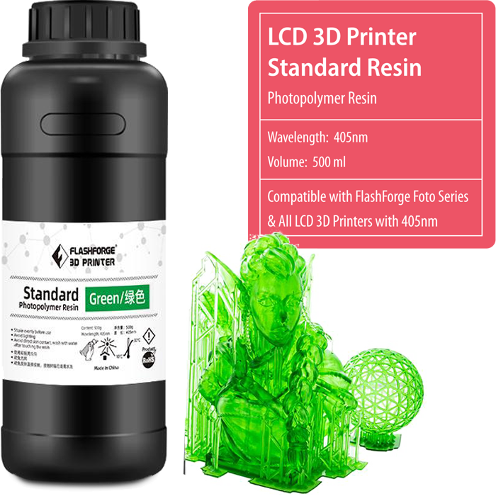 Flashforge Standard Photopolymer Resin Green for FOTO Series 3d printers with 405mn wavelength
